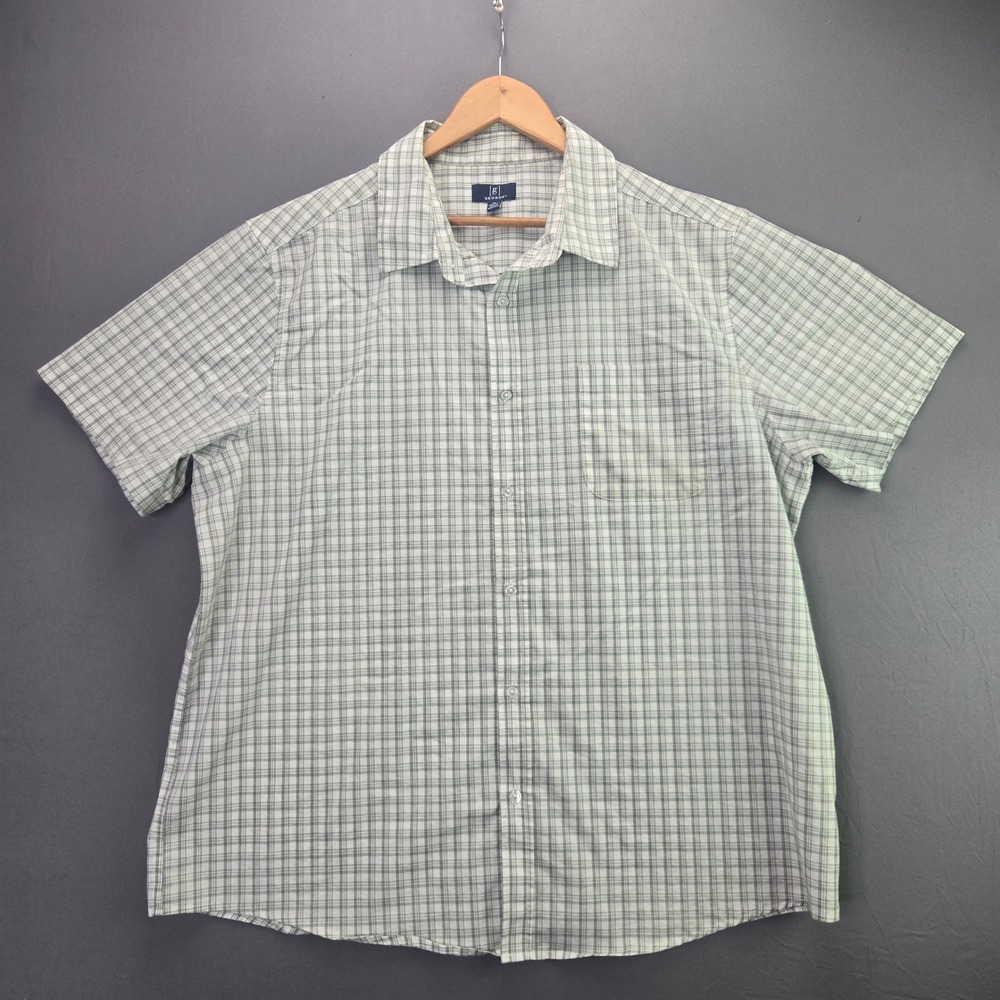 George Button Up Shirt Plaid Short Sleeve XL Green White Casual Pocket Top